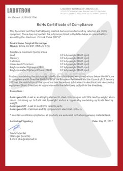 Declaration and RoHS Labomed PRIMA Microscopes