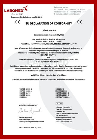 Declaration and RoHS Labomed Prima DNT, DNT trainer