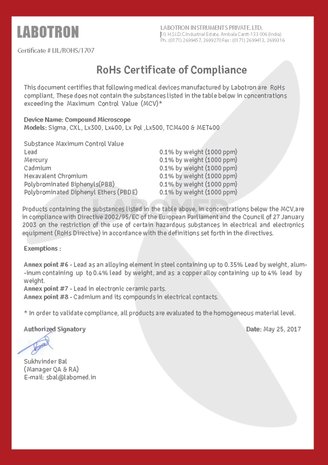Declaration and RoHS Labomed Laboratory microscopes