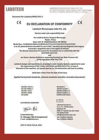 Declaration and RoHS Labomed Prima DNT, DNT trainer