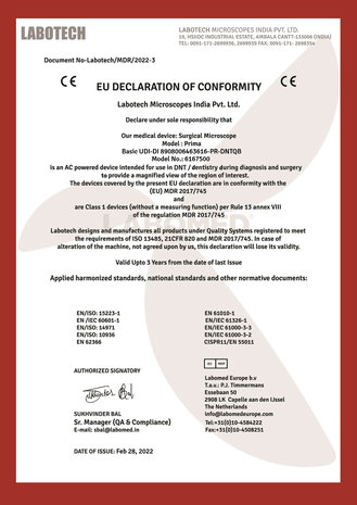 Declaration and RoHS Labomed PRIMA Microscopes